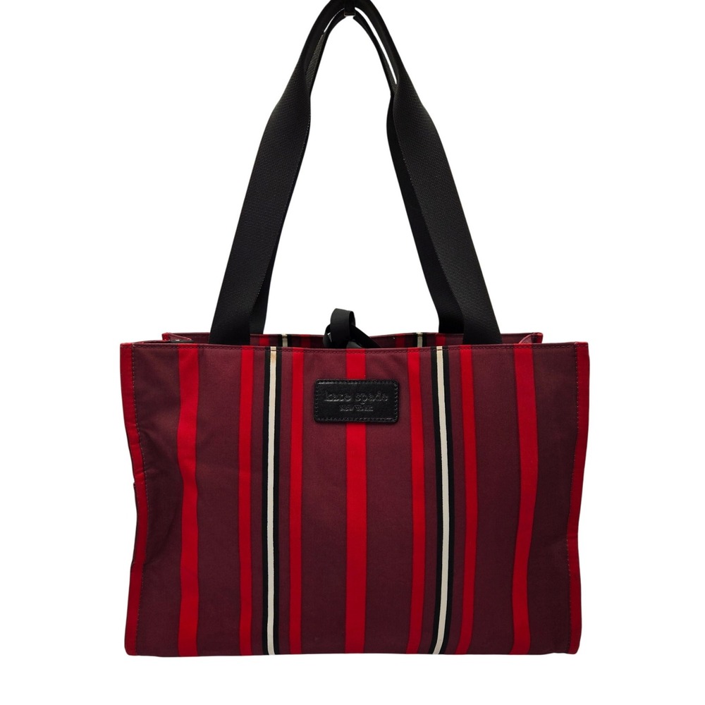 Kate Spade New York Striped Tote Bag Burgundy Red Black White Canvas Leather